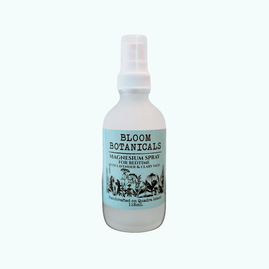 Bottle of Bloom Botanicals magnesium spray on a white background sleep support