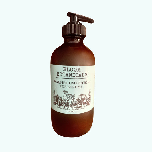 Bottle of Bloom Botanicals magnesium lotion on a white background used for topical relief of aches and pain and sleep support