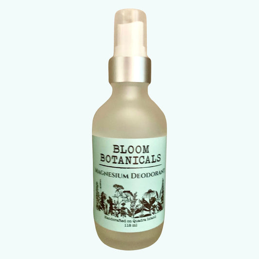 Bottle of Bloom Botanicals magnesium deodorant on a white background. All natural deodorant.